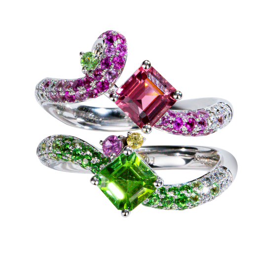 Dual Gemstone Ring | 18K White Gold Pink & Green Tourmaline