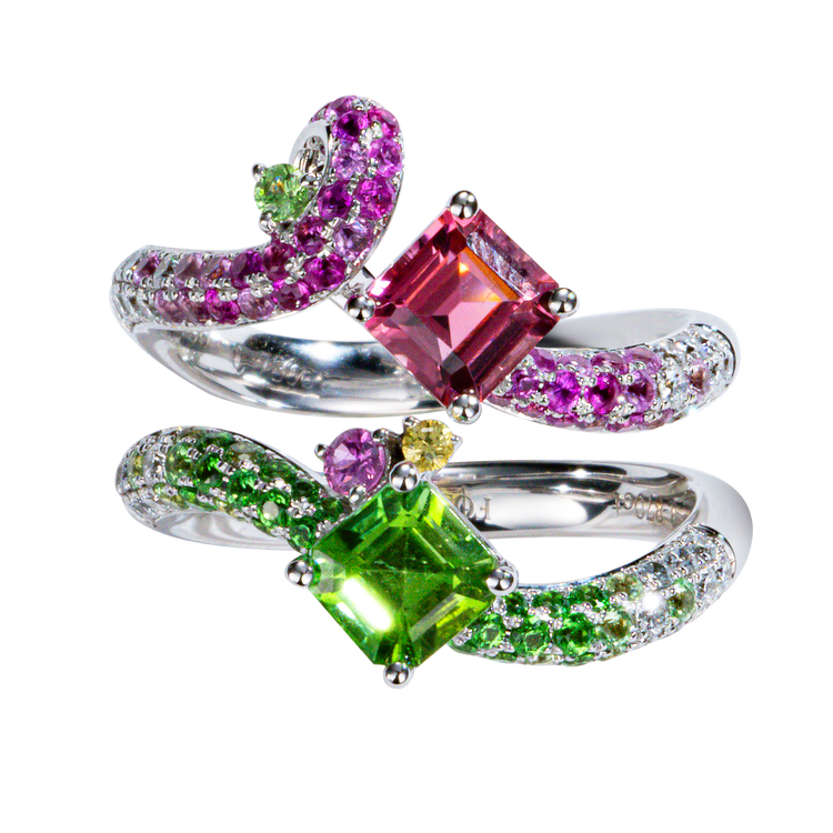 Dual Gemstone Ring | 18K White Gold Pink & Green Tourmaline