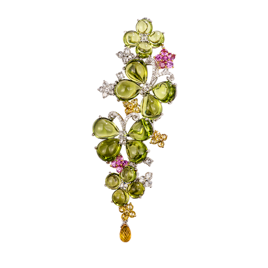 Peridot & Diamond Floral Brooch | 18K Gold Artistic Statement Piece