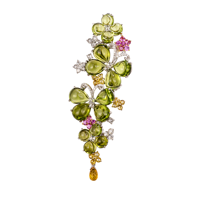 Peridot & Diamond Floral Brooch | 18K Gold Artistic Statement Piece
