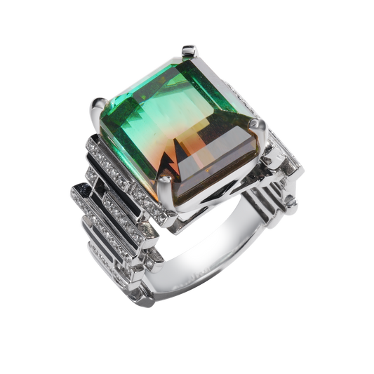 Watermelon Tourmaline & Diamond Ring | 18K Gold Architectural Elegance