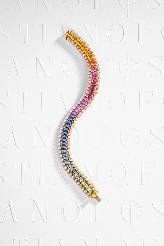 Rainbow Sapphire & Diamond Curved Bracelet | Flowing Gradient Design | FOSTIANO