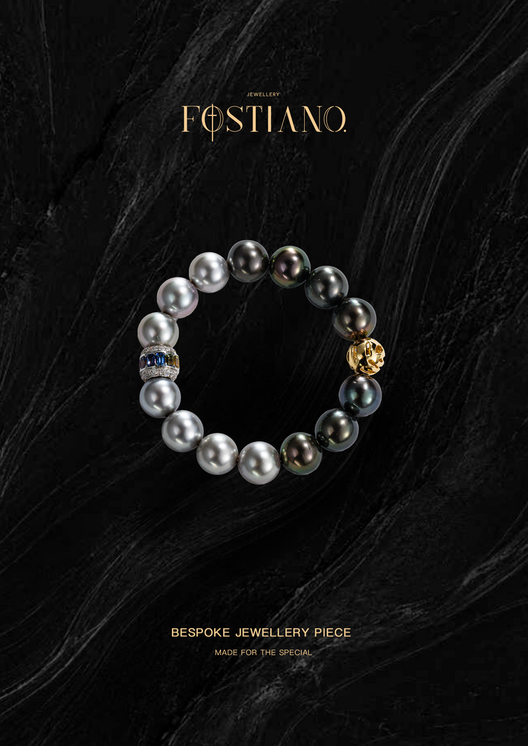 Fostiano ink wash Tahitian and Akoya pearl bracelet with multicoloured sapphire 18K white gold barrel bead and 18K gold spacer
