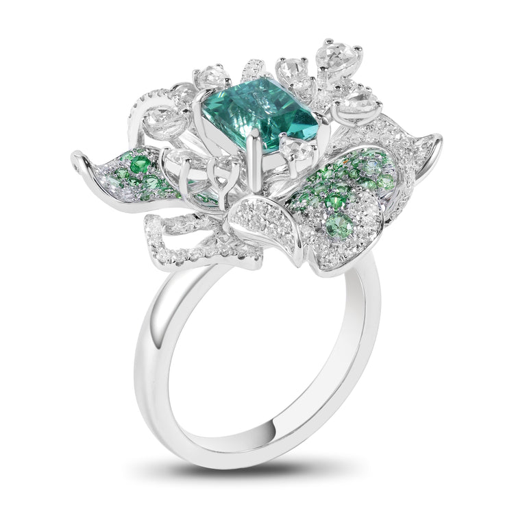 Cushion-Cut Green Tourmaline & Diamond Halo Ring | 18K Gold Luxury