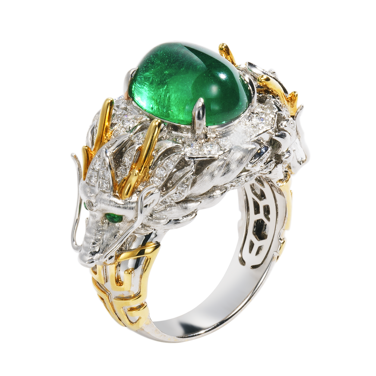 Emerald & Diamond Dragon Ring | 18K Gold Sculptural High Jewelry