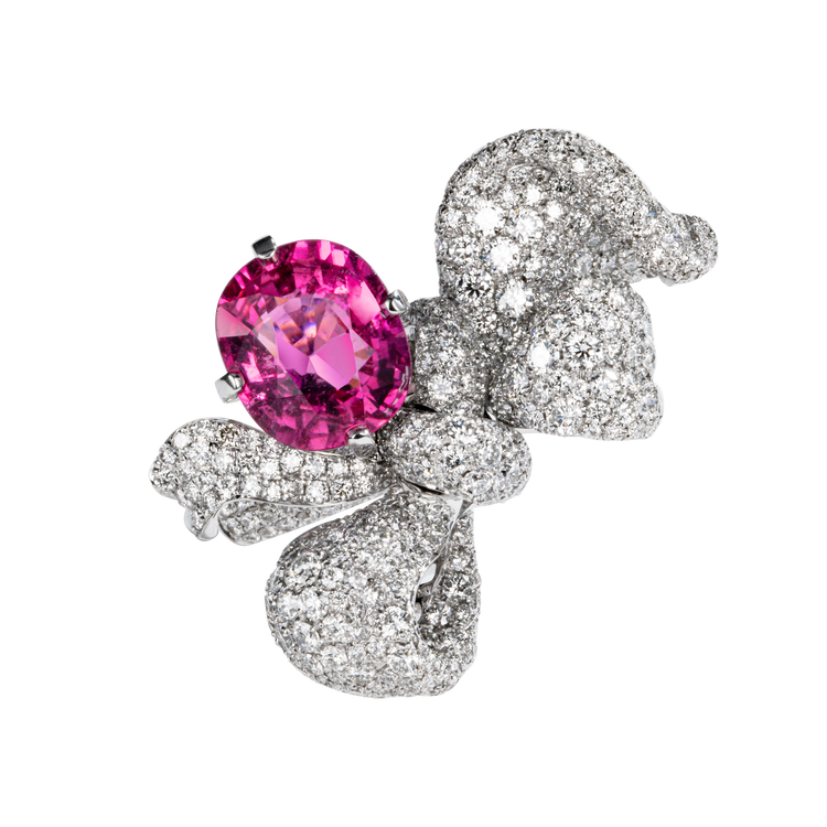 Pink Tourmaline & Diamond Bow Ring | 18K White Gold Enchanting Design