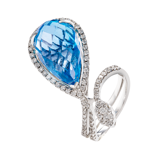 Blue Topaz & Diamond Leaf Ring