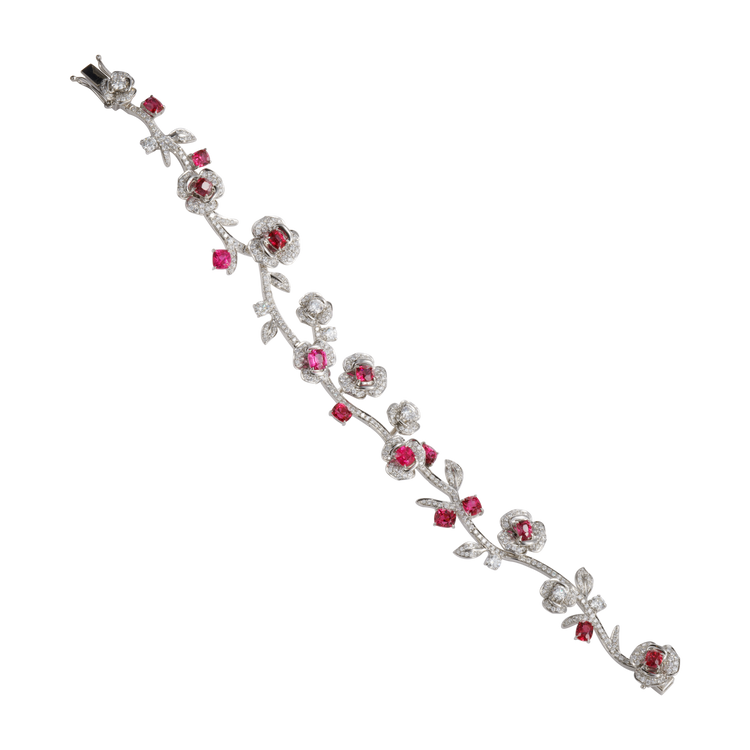 Spinel & Diamond Floral Bracelet | 18K White Gold Sculptural Bloom