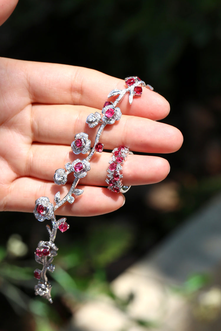 Spinel & Diamond Floral Bracelet | 18K White Gold Sculptural Bloom