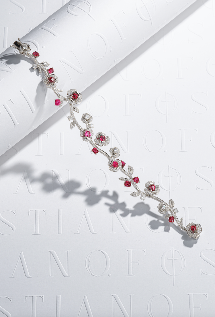 Spinel & Diamond Floral Bracelet | 18K White Gold Sculptural Bloom