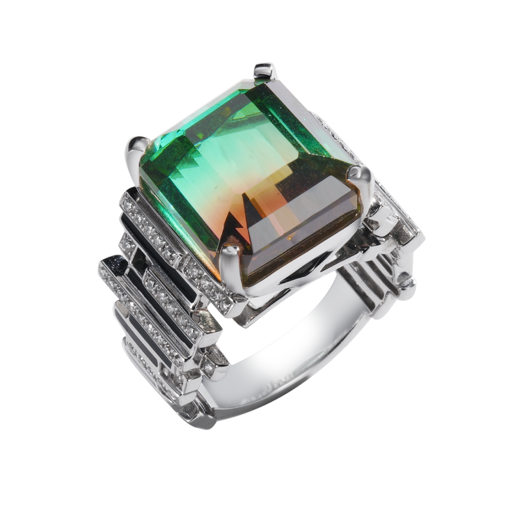 Watermelon Tourmaline & Diamond Ring | 18K Gold Architectural Elegance