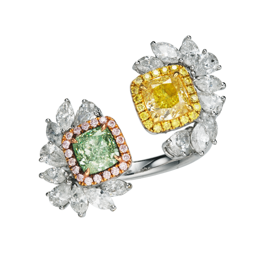 Fancy Yellow & Fancy Green Diamond Floral Ring | 18K Gold Dual Bloom