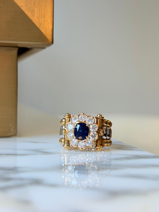Blue Sapphire & Diamond Bold Statement Ring | Vintage Structured Design