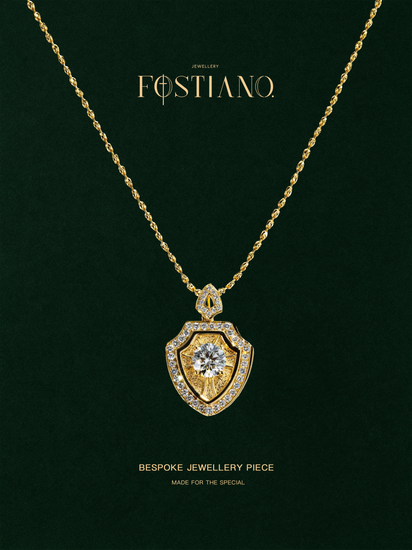 Fostiano Guardian Shield opening 18K gold pendant with 1.37ct lab-grown centre diamond and 0.57ct accent diamonds; chain not included