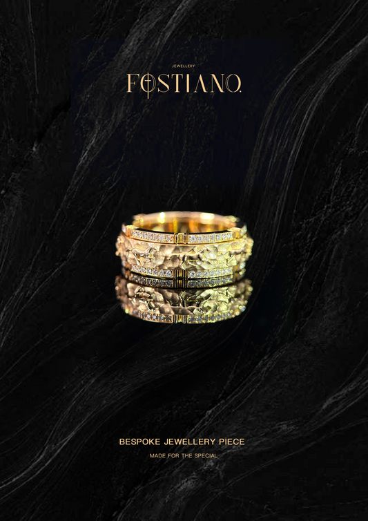 Fostiano 18K gold galloping horse ring with 0.377ct diamonds and sculpted equestrian wide band