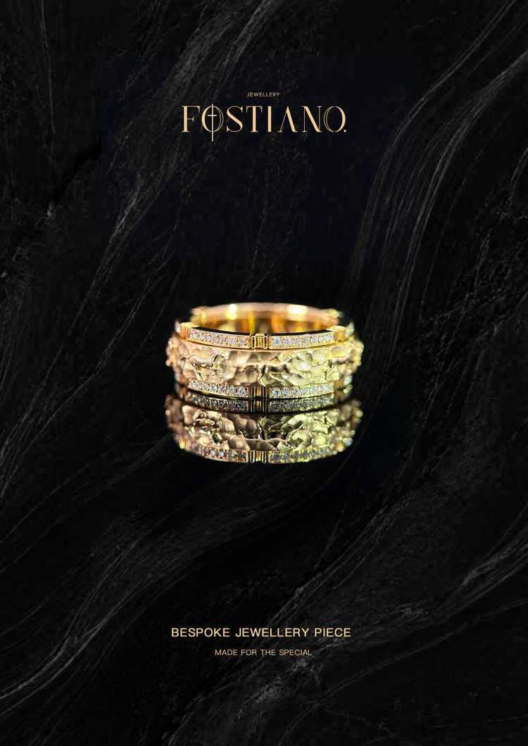 Fostiano 18K gold galloping horse ring with 0.377ct diamonds and sculpted equestrian wide band