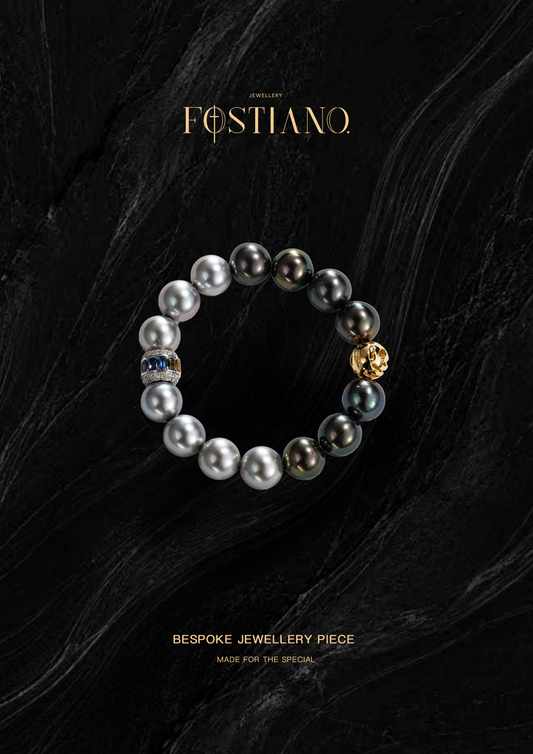 Fostiano ink wash Tahitian and Akoya pearl bracelet with multicoloured sapphire 18K white gold barrel bead and 18K gold spacer