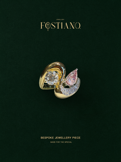 Fostiano 18K gold toi et moi ring with natural pear-shaped pink diamond and round white diamond