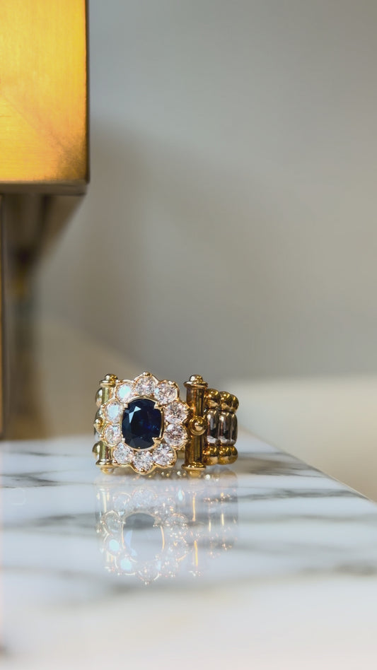 Blue Sapphire & Diamond Bold Statement Ring | Vintage Structured Design